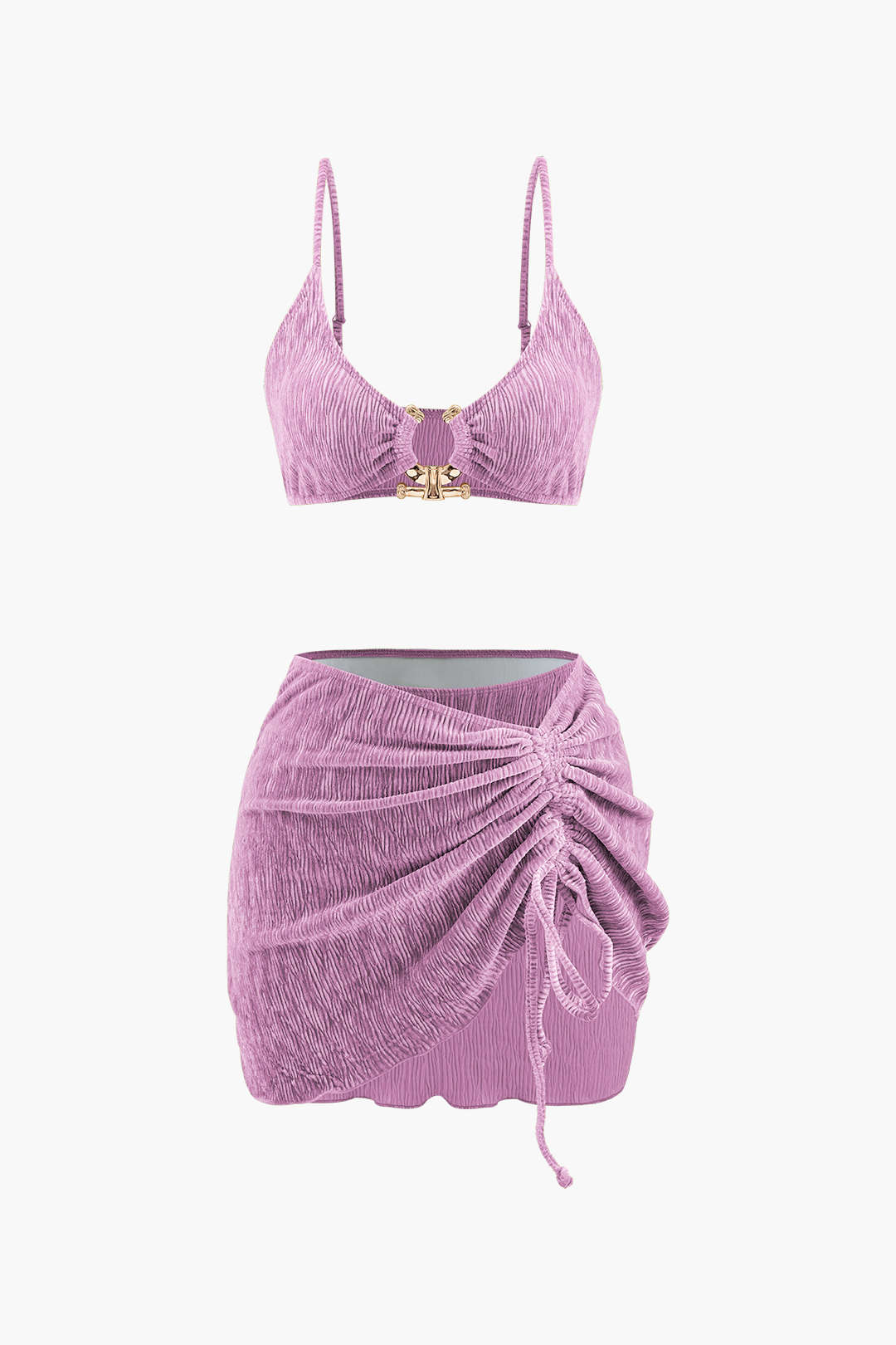 Kadife Dokulu U Yüzük Bikini ve Sarong 3 Parça Takım