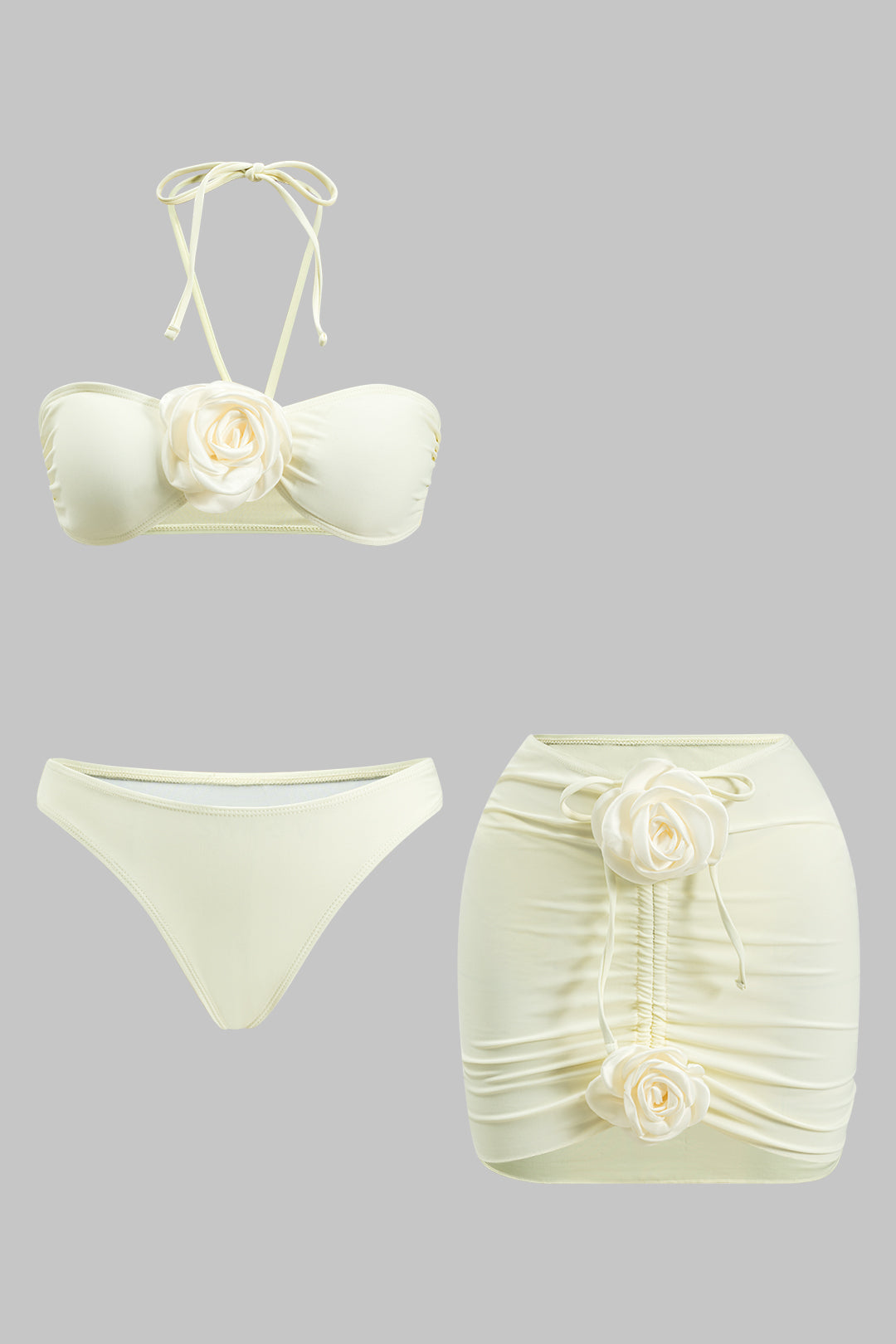 3D Çiçekli Büzgülü Bağlamalı Bikini ve Üst Giyim Seti