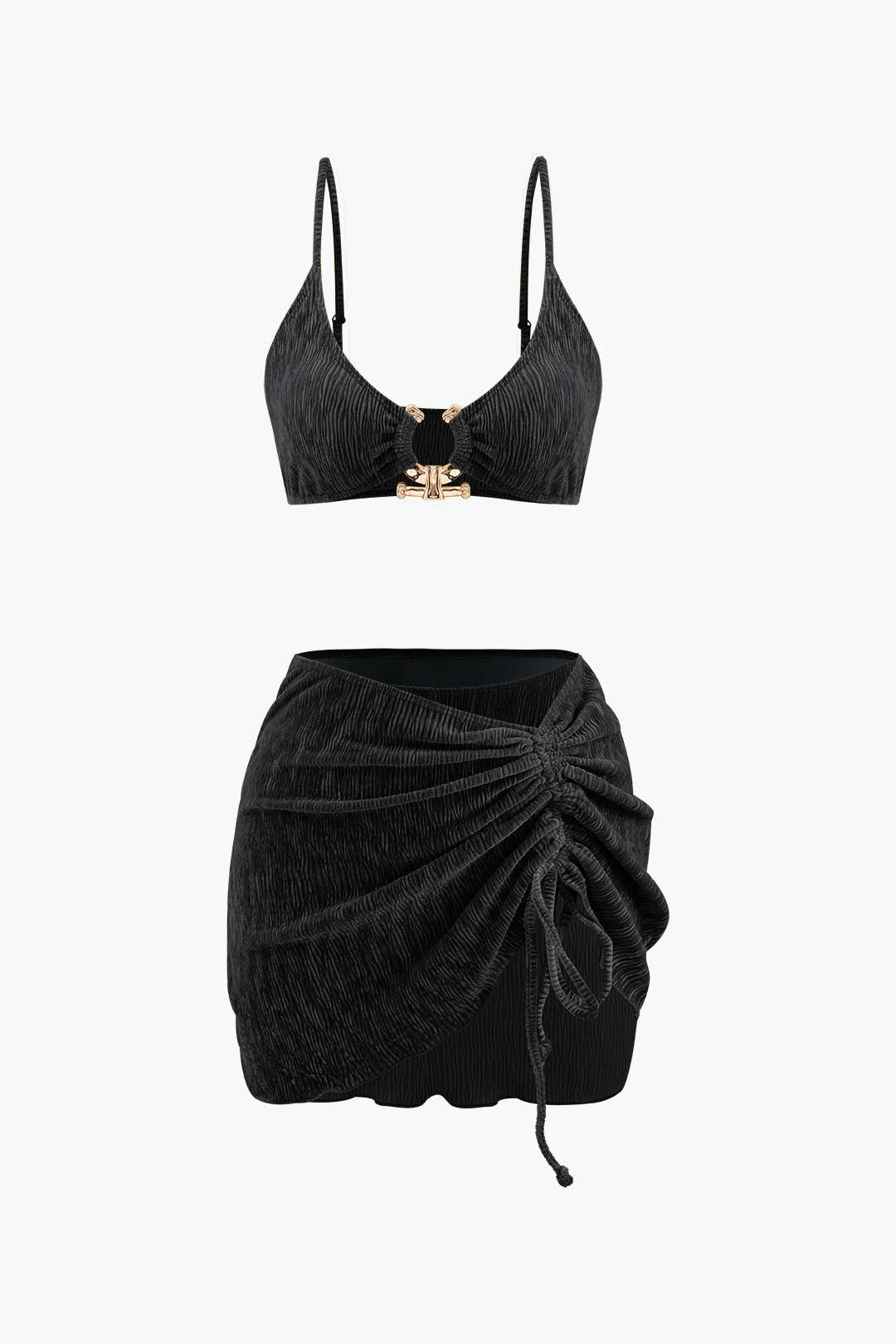 Kadife Dokulu U Yüzük Bikini ve Sarong 3 Parça Takım