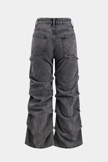 Denim Büzgülü Düğmeli Cep Detaylı Geniş Paça Jean