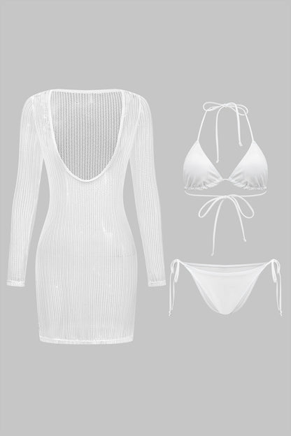 Bağlamalı Bikini ve Uzun Kollu Elbise Örtüsü 3'lü Set
