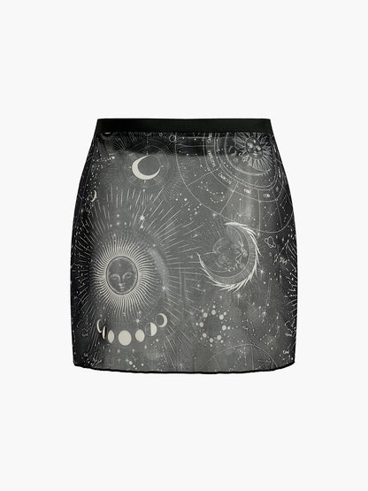 Astroloji Desenli Şeffaf Etek