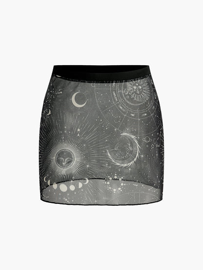 Astroloji Desenli Şeffaf Etek