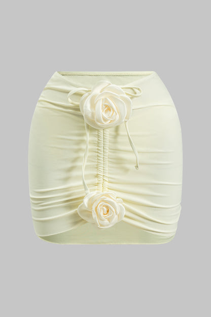 3D Çiçekli Büzgülü Bağlamalı Bikini ve Üst Giyim Seti
